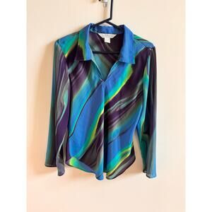 Vintage Express Ladies Large Blouse Marbled Swirled Abstract Long Sleeve Retro